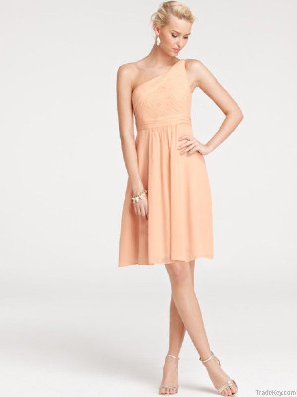 Casual one shoulder knee length pleated short mini chiffon bridesmaid dress wholesale