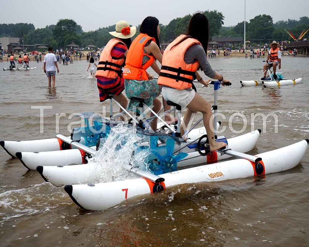 inflatable PVC Pontoons Aluminum Frame Pedal Boats Three Rider Water Bikes Water Tricycle for sale