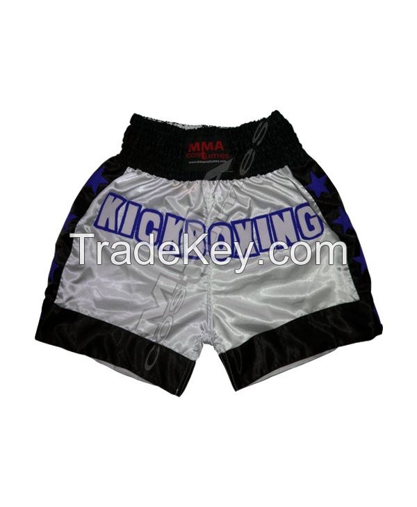 Wholesale Custom Kickboxing Shorts | White &amp;amp; Black Kickboxing Shorts with Logo Print