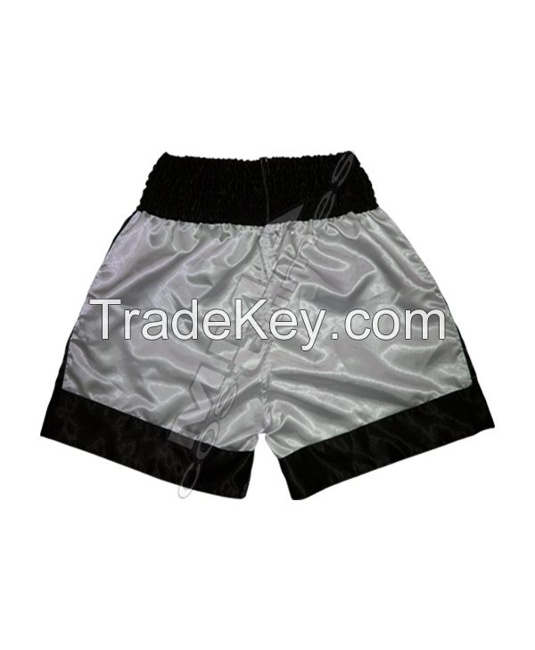 Wholesale Custom Kickboxing Shorts | White &amp;amp; Black Kickboxing Shorts with Logo Print
