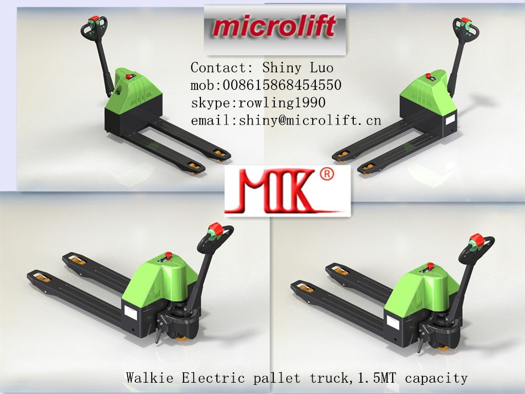 Walkie Electric Pallet Truck factory, Microlift or OEM brand, ET15 model, 1.5MT capacity, 540/685mm fork width