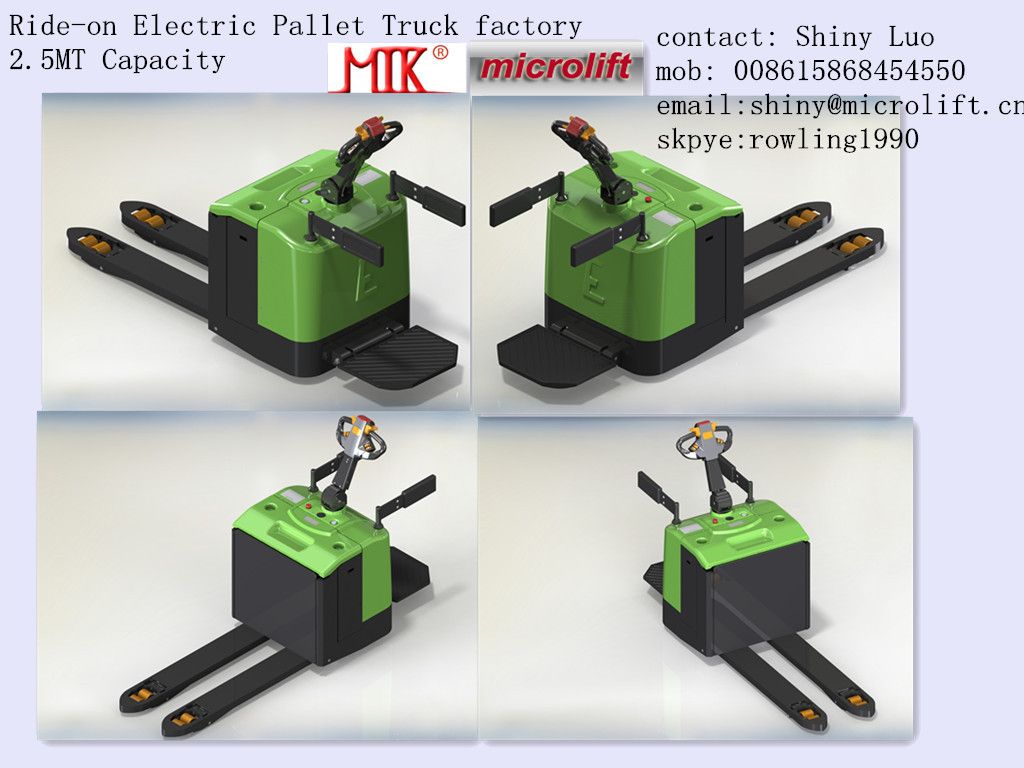 Ride-on Electric Pallet Truck factory, Microlift or OEM brand, ET25 Model, 2.5MT capacity,