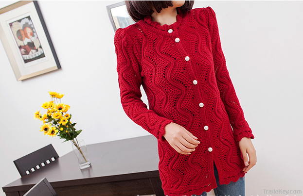 2013 new Korean large pearl clasp Puff hollow long cardigan sweater