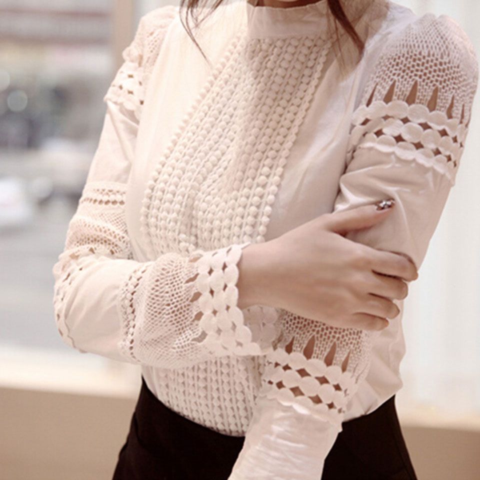 Korean version of the wild hollow lace shirt female Slim was thin tulle female long-sleeved shirt bottoming