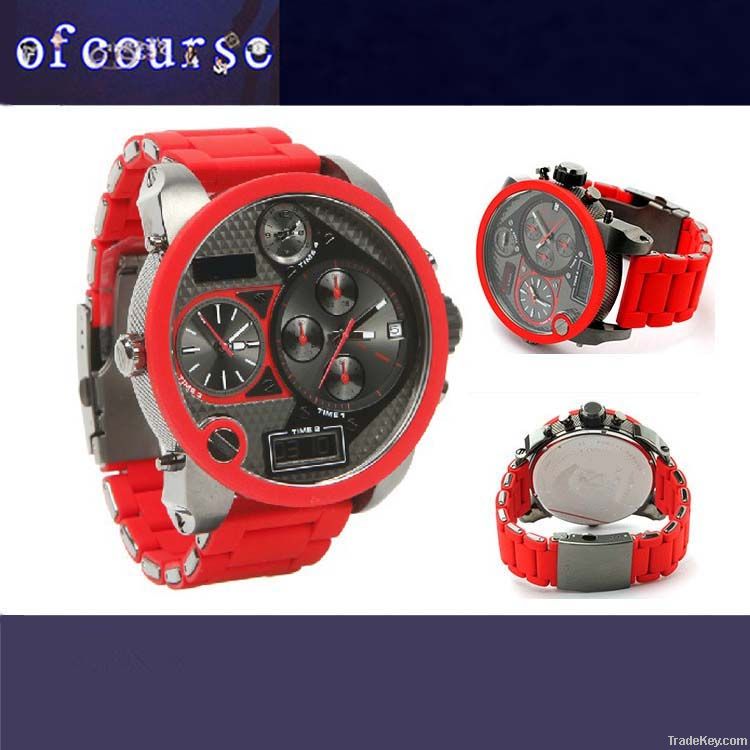 fashion red colour oversize watch 4 time zone Chronograph Men's Watch