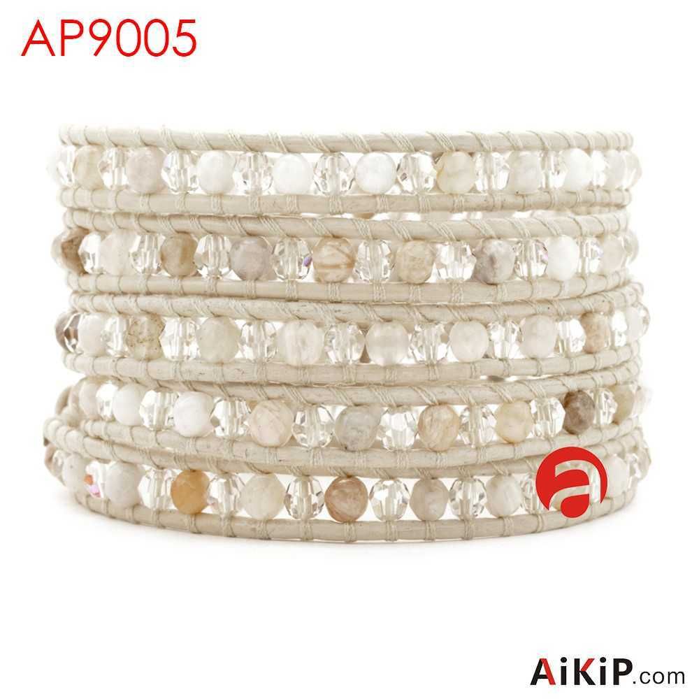 AFRICAN OPAL AND SILVER SHADE BEADED CRYSTAL WRAP BRACELET ON PETAL LEATHER FROM AIKIP