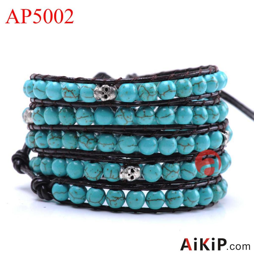 6mm round turquoise alloy skull leather steel clasp bracelet