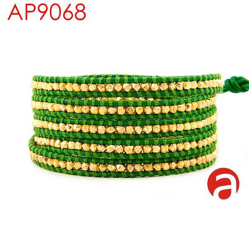 GOLD VERMEIL WRAP BRACELET ON APPLE GREEN LEATHER FROM AIKIP