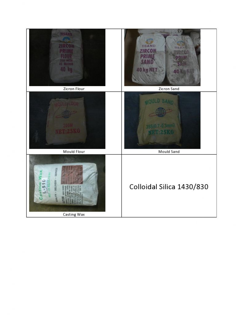 Zicron Flour/ Sand, Mould Flour/Sand, Colloidal Silica 1430/830 & Casting Wax