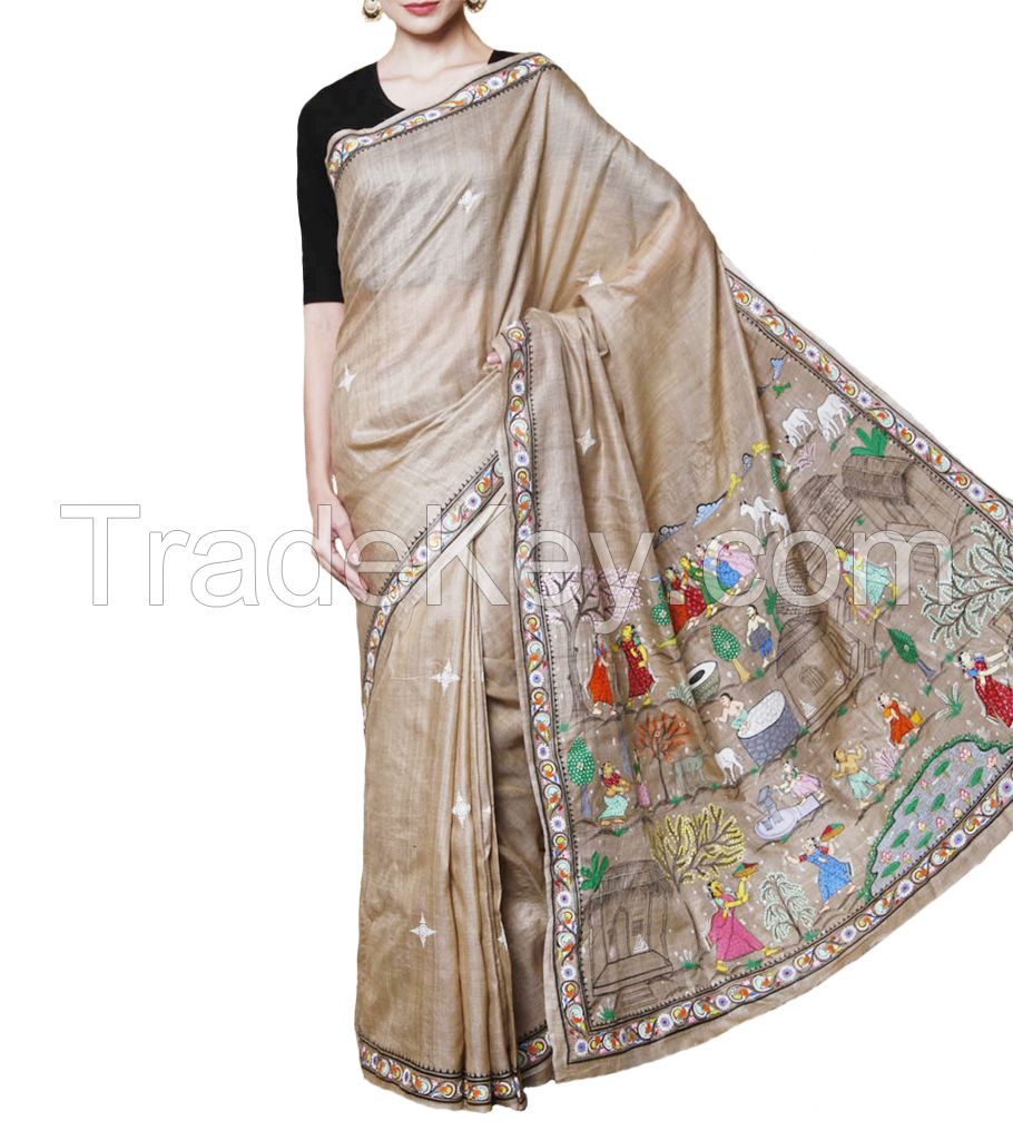 Hand Painted Pattachitra Tussar Silk Saree