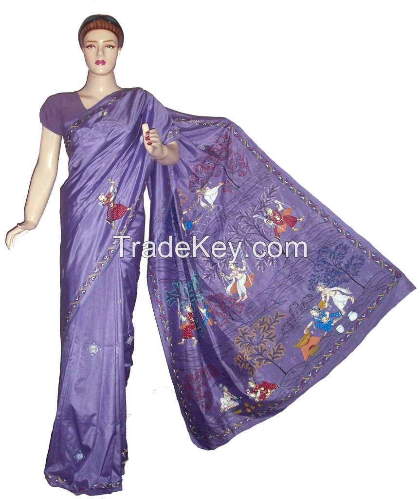 Hand Painted Pattachitra Khadi Silk Saree