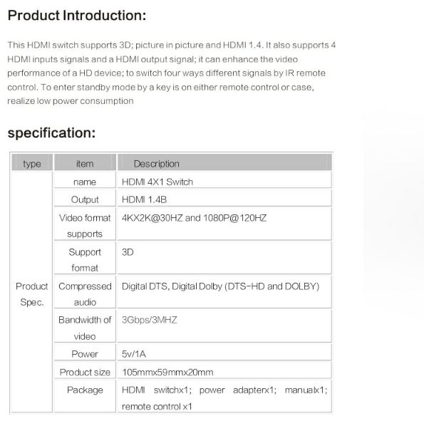 Support 3D HDMI switch splitter 4X1 1.4V 4 in input 1 out output converter extender HDMI 1.4B