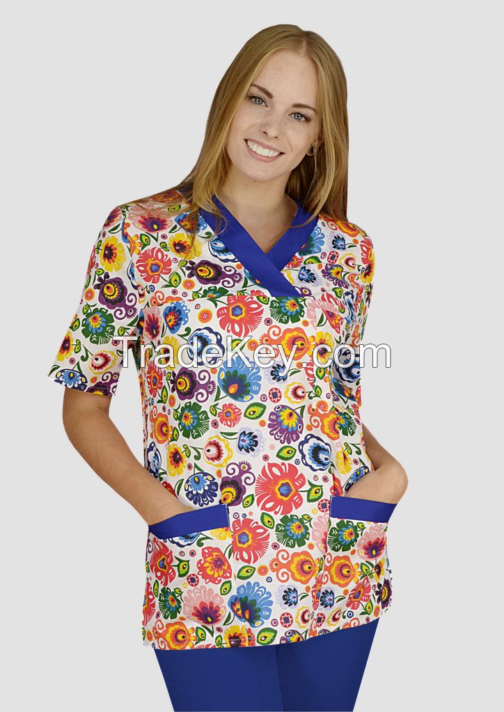 Medical print scrub tops