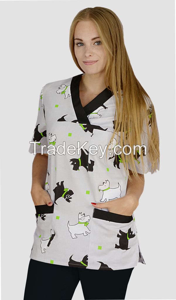 Medical print scrub tops