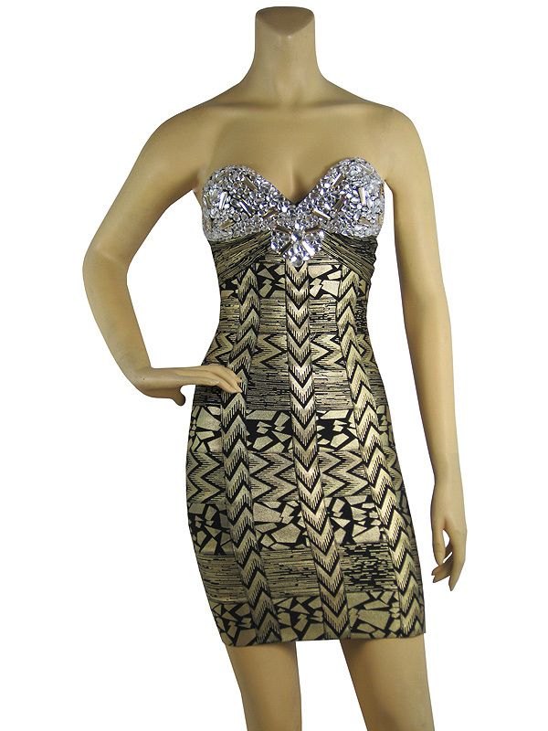 Crystal Embellished Gold Printed Bandage Dress