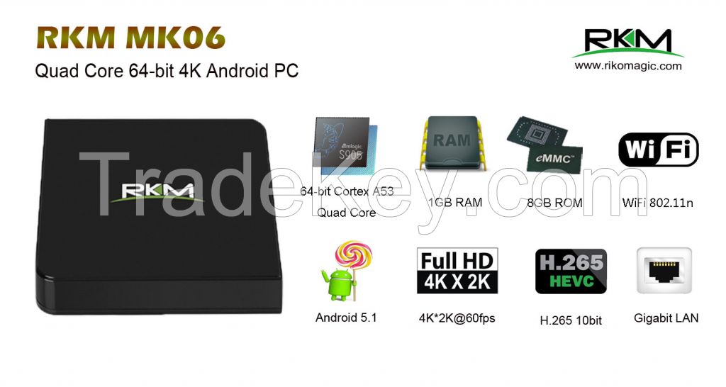 Rikomagic MK06 Amlogic S905 quad core android 5.1 mini tv box 1G RAM, 8G ROM wifi bluetooth Gbit lan 4K@60fps H.265