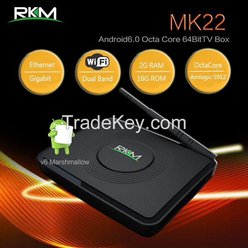 Amlogic S912 Android 6.0 mini pc Rikomagic MK22 2g 16g wifi gbit lan bluetooth KOID 4K@60fps H.265@10bit