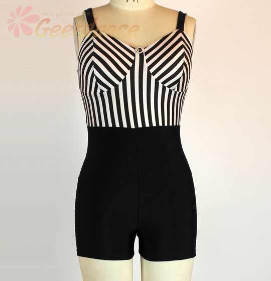 Geerdance Black and white vertical striped corset style bodice with black booty shorts attached, 15U0022