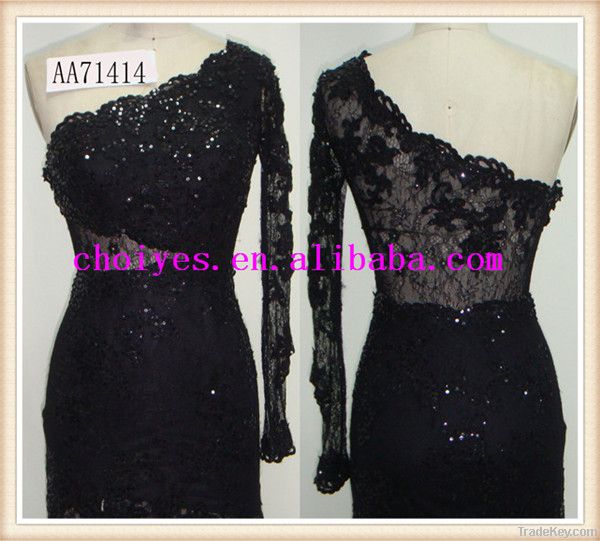 AA71414 Sexy Black Embroidered One Shoulder Long Sleeve Long evening d