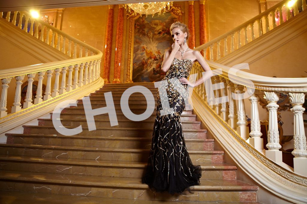 AO62076 black and gold luxury wedding bare back mermaid dress backless lace evening dresses