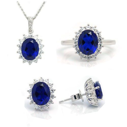 Synthetic Sapphire Jewelry Sets 925 Sterling Silver 