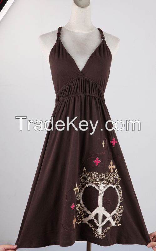 Ladies 100%cotton knit dress with embroidery and beads design