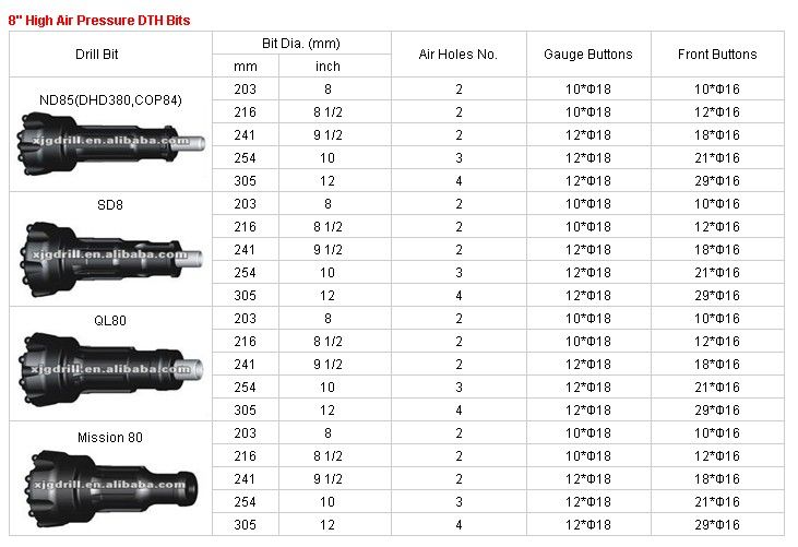 8 Inch Mining/Rock Drilling DTH Hammer and DTH Button bit