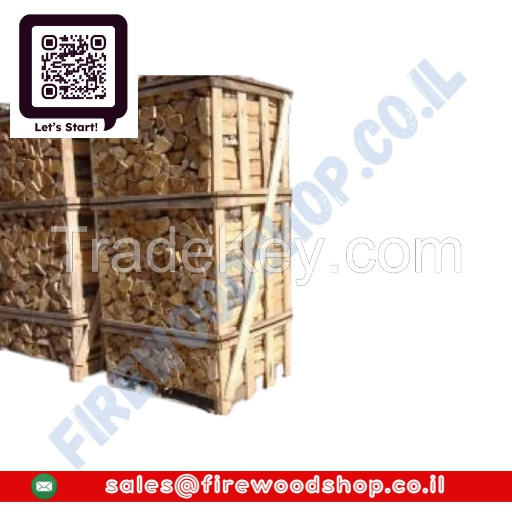 BIRCH DRIED FIREWOOD LOGS AND KINDLINGS ON PALLET BOXES ( CRATES ) , IN MESH BAGS.