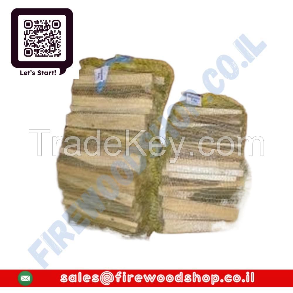 BIRCH DRIED FIREWOOD LOGS AND KINDLINGS ON PALLET BOXES ( CRATES ) , IN MESH BAGS.