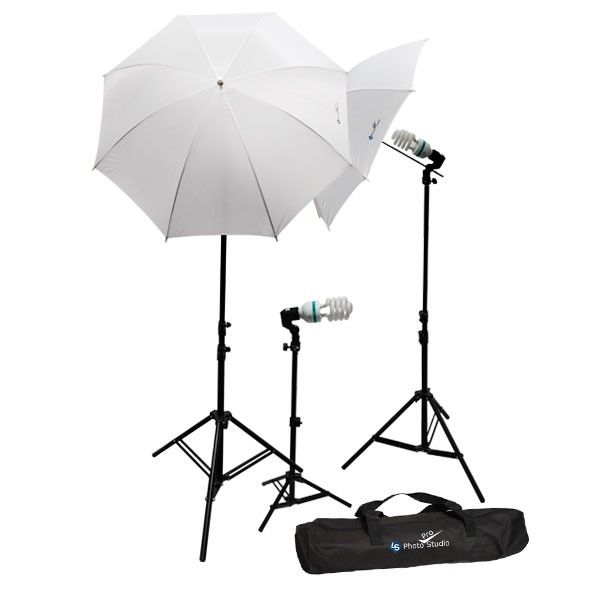 UMBRELLA CONTINUOUS TRIPLE LIGHTING KIT WITH DAY LIGHT CFL BULBS, UMBRELLAS, STANDS, CARRY CASE