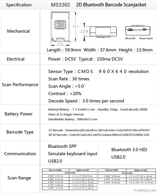 Bluetooth 2D scanner cable MS3392