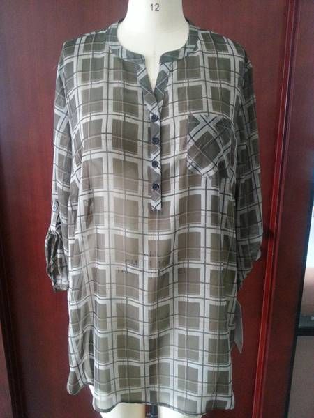 LADIES' 100% POLYESTER CHECK PRINT PLUS SIZE BLOUSE