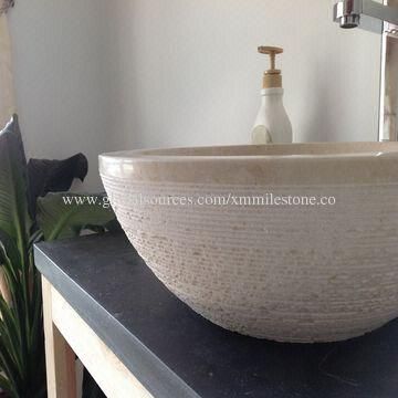  Galala Beige Marble Round Basin with Rough Exterior