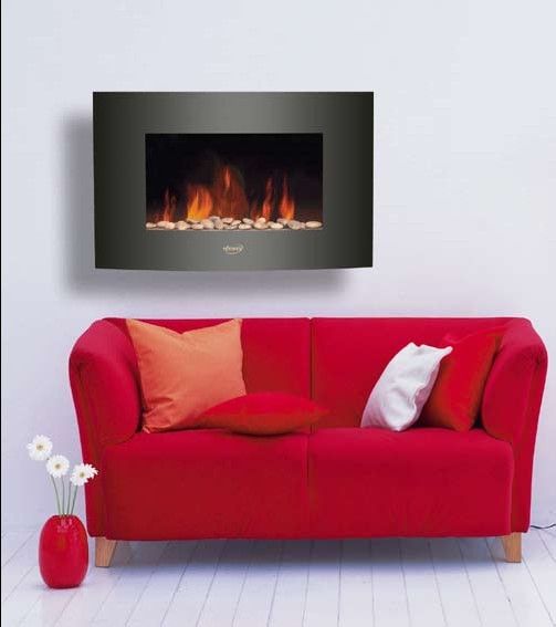 35"Black Curved Tempered Glass Wall Mounted Electric Fireplace Heater(Pebbles Fuel)