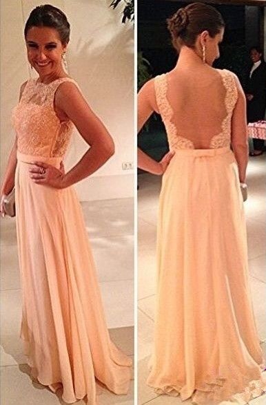 Wholesale Peach Prom Dresses Sheer Lace Chiffon A-line Pageant Bateau Open Back Floor Length Party Gowns From Babyonlinedress