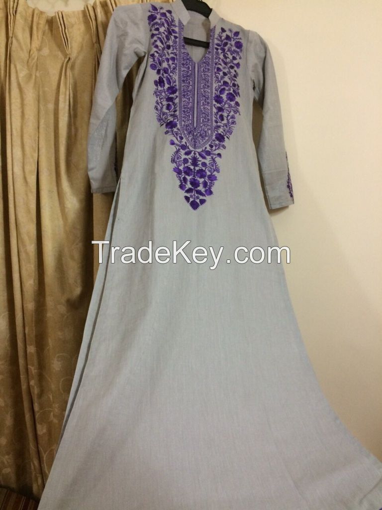 White Linen Pink Embroidered Jalabiya 