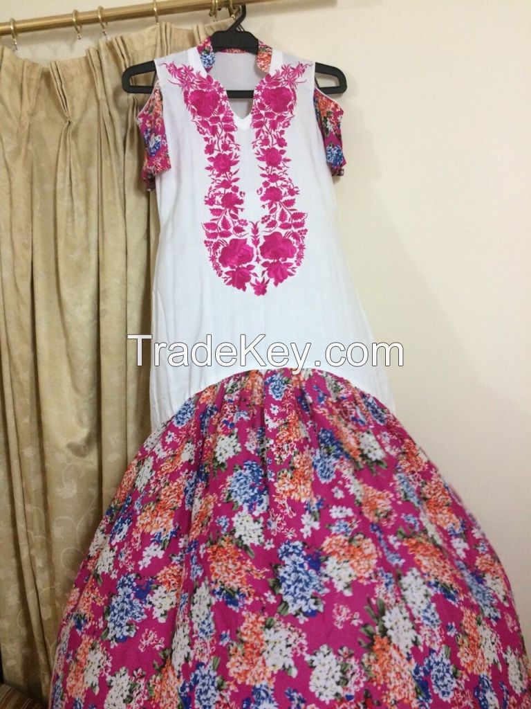 White Linen Pink Embroidered Jalabiya 