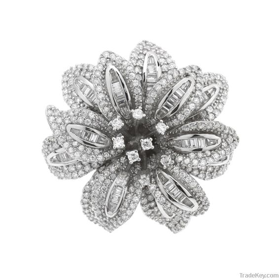 Sterling Silver Flower White Cubic Zirconia Ring