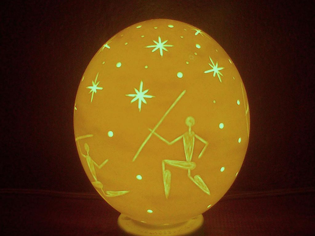 Stars and bushmen rock art hand carved ostrich egg lamp shade