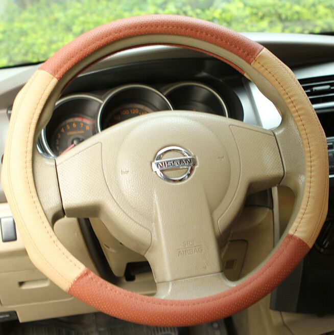 Brown &amp; Beige Car Steering Wheel Cover Eco-friendly Microfiber Material