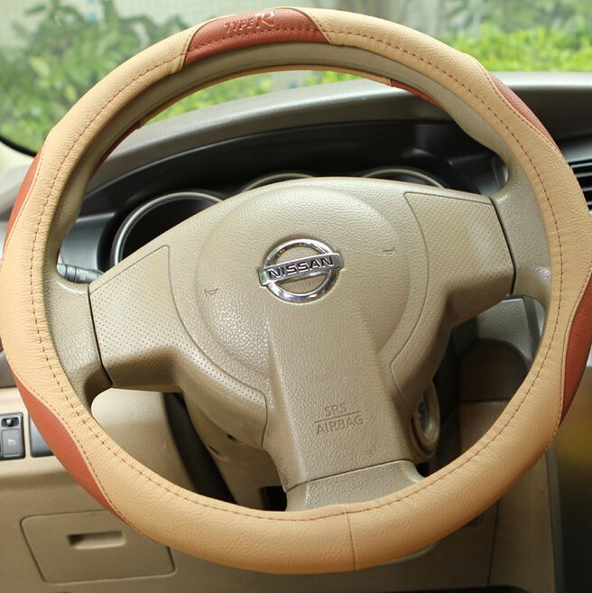 Car Leatherette Steering Wheel Cover Brown &amp; Beige