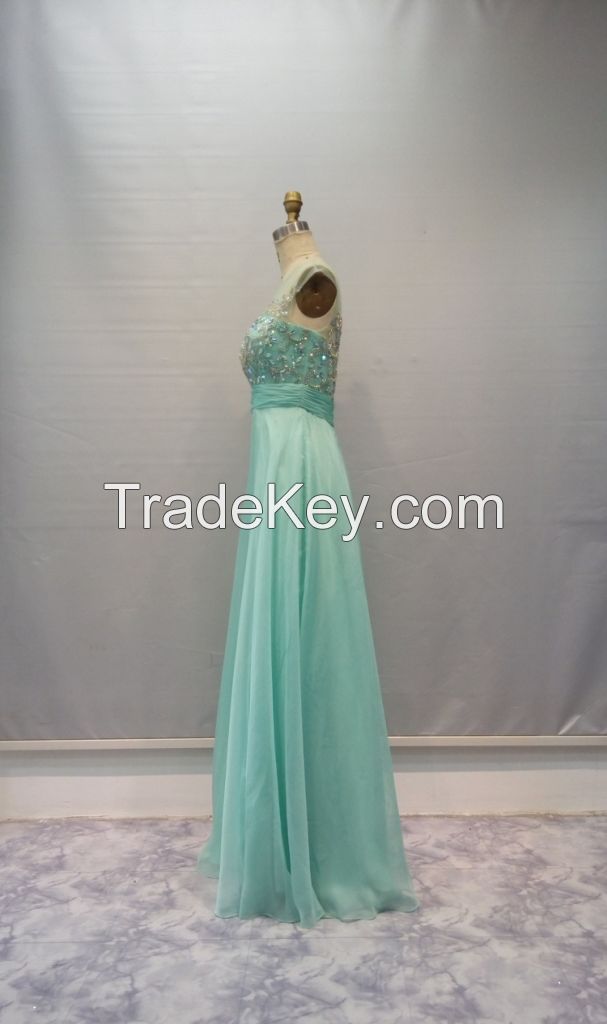 Y035 Sheer Scoop Neckline Strapless Beaded Embroidery Chiffon Evening Dress