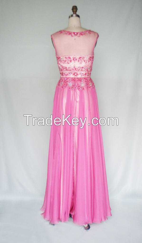 HY1002  New Arrival Strapless Beaded Embroidery Sheer Chiffon Evening Dress