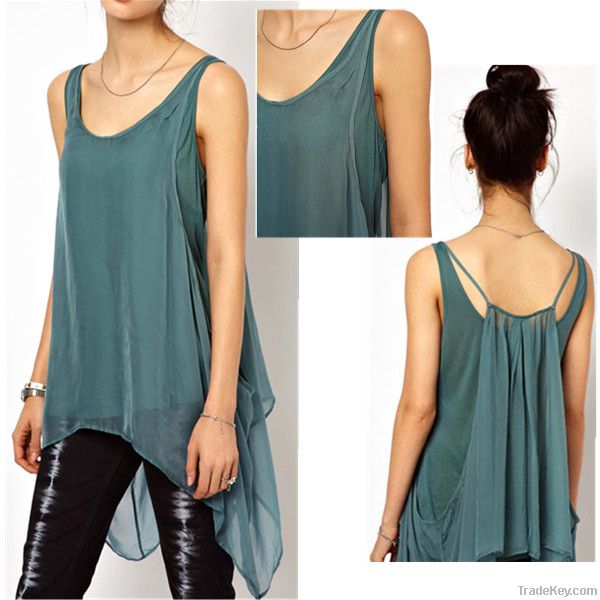 2014 NEW FASHION EUROPEAN STYLE WOMEN SLEEVELESS CHIFFON BLOUSE