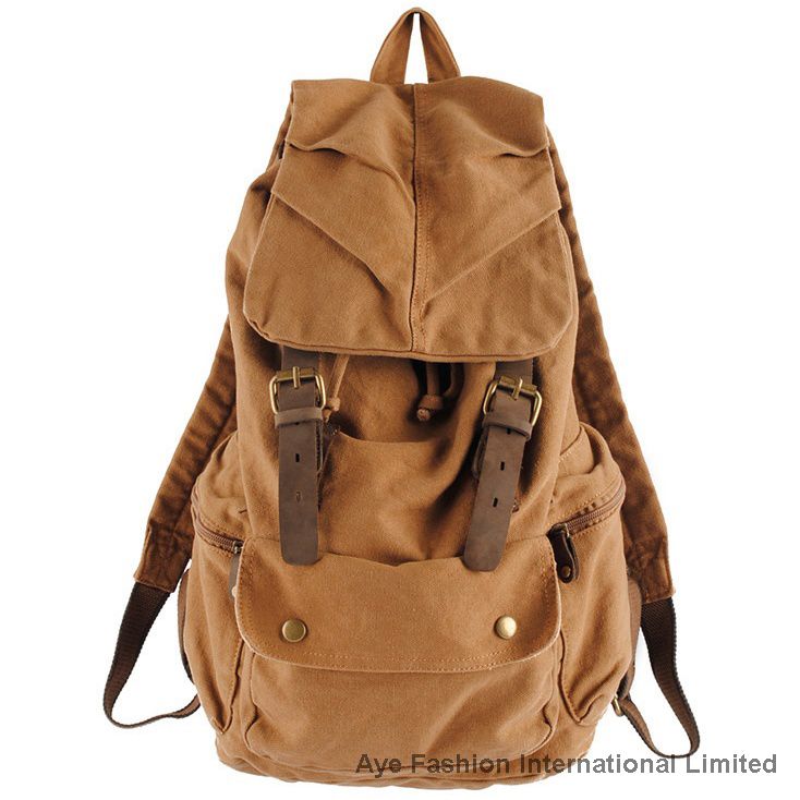 Outdoor travel dayily use genuine leather trim casual vintage canvas backpack