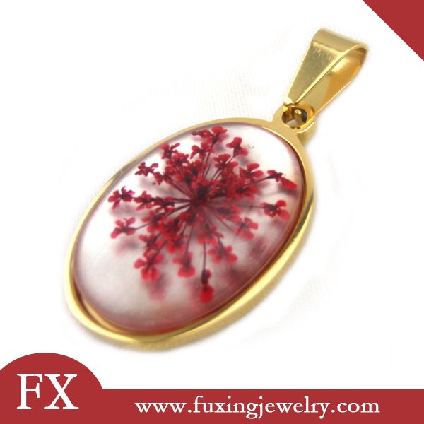 Hot custom vogue stainless steel & resin pressed real flower womens pendants