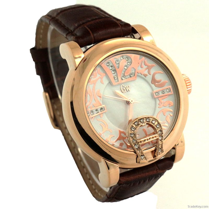 Gold Winner Diamond Women Leather Quartz Watch Wristwatch GW180045