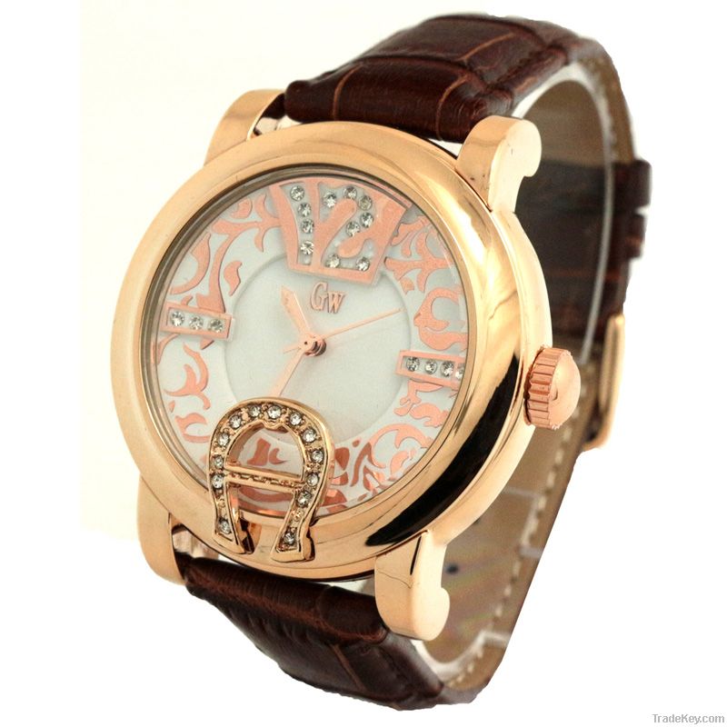 Gold Winner Diamond Women Leather Quartz Watch Wristwatch GW180045