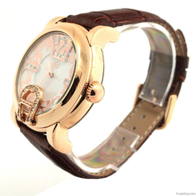 Gold Winner Diamond Women Leather Quartz Watch Wristwatch GW180045