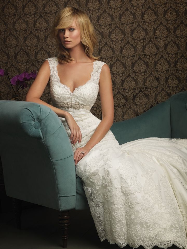 A Line Sweetheart Empire Floor Length with Crystal Lace Wedding Dress